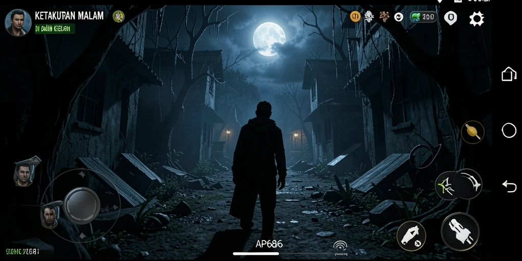 Screenshot gameplay menampilkan suasana menyeramkan dan efek visual yang mencengangkan.