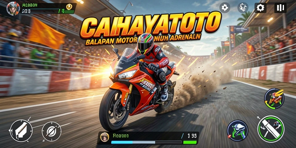 Screenshot gameplay dari CAHAYATOTO yang menunjukkan balapan motor yang mendebarkan.