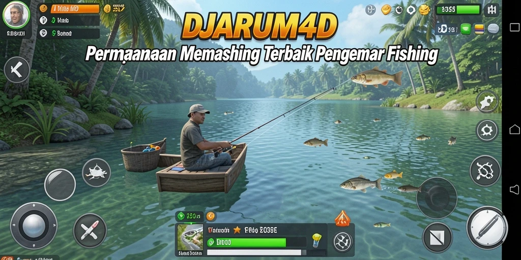 Screenshot gameplay DJARUM4D dengan berbagai jenis ikan dan alat pancing.