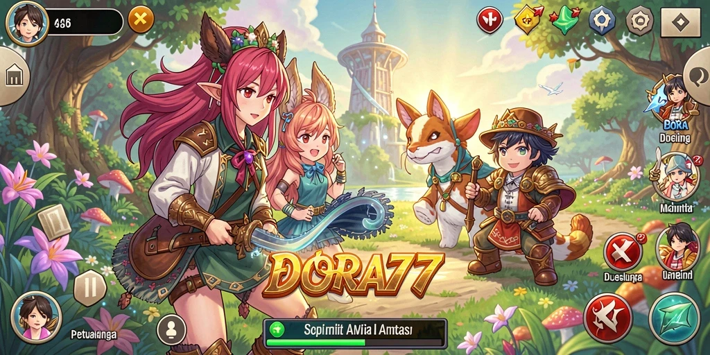 Tampilan gameplay DORA77 yang menakjubkan dan penuh warna.