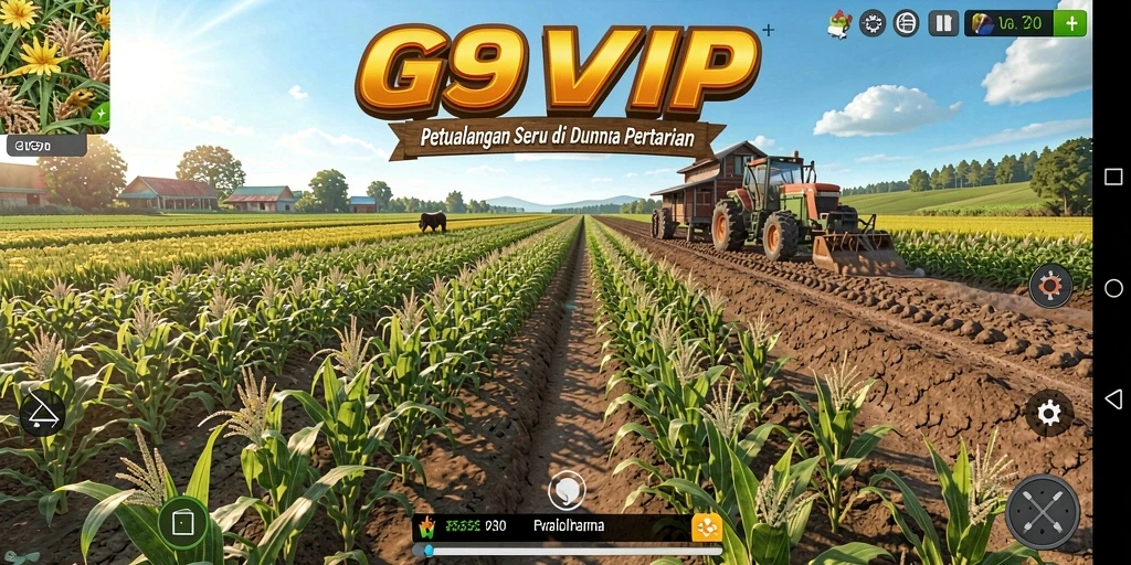 Screenshot utama G9VIP menampilkan aktivitas pertanian yang seru dan interaktif.