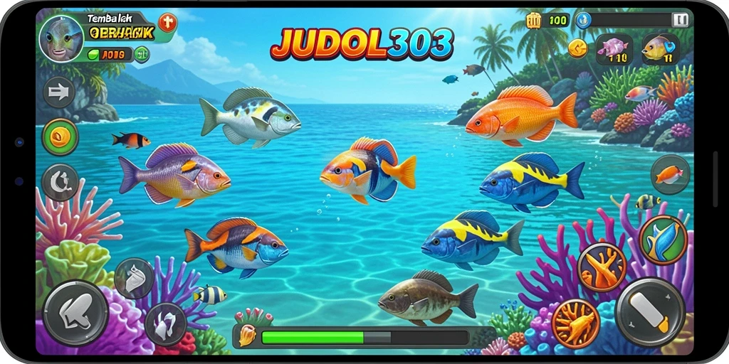Screenshot menunjukkan gameplay seru di <strong>JUDOL303</strong> dengan berbagai jenis ikan yang menunggu untuk ditembak.
