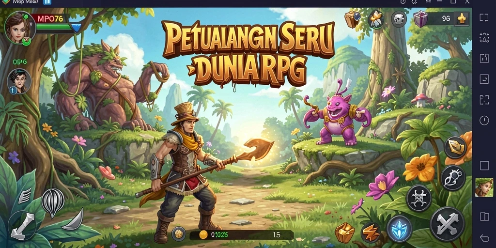 Screenshot utama MPO76 menampilkan pertarungan epik di dunia RPG yang menakjubkan.