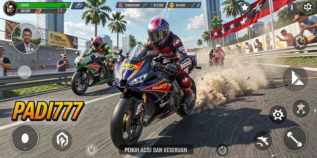 Gameplay mendebarkan dalam PADI777 dengan balapan motor yang seru.