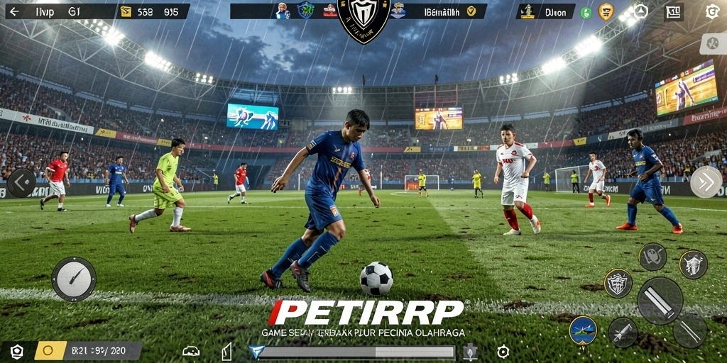Screenshot utama PETIRRP menampilkan aksi seru dalam permainan sepak bola.