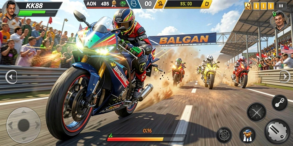 Tampilan gameplay menegangkan di RK88 saat balapan motor cepat.