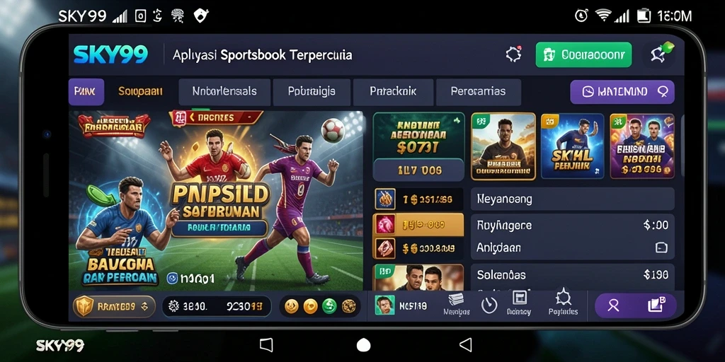 Screenshot utama aplikasi SKY99 menampilkan antarmuka taruhan olahraga yang menarik.