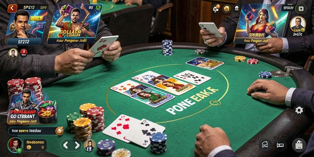 Screenshot utama SP212 menampilkan aksi seru bermain poker.
