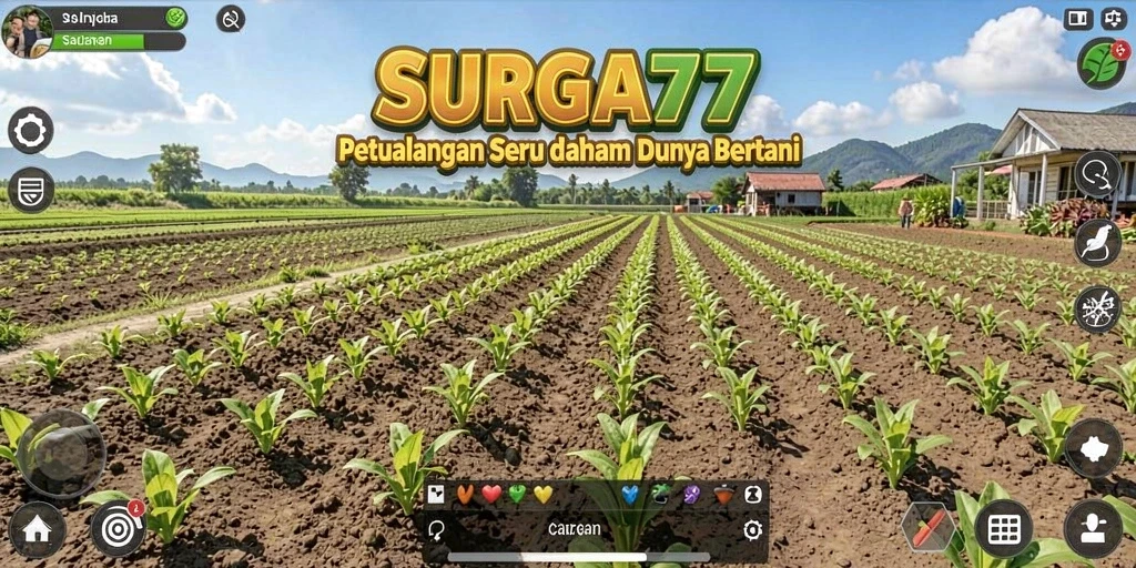 Screenshot SURGA77 menunjukkan petani sedang merawat kebun dengan tanaman yang subur.