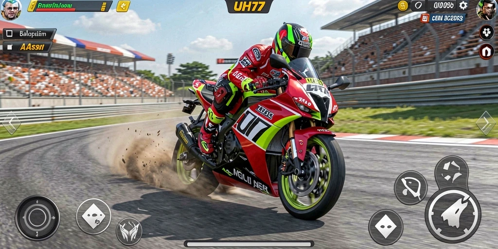 Gameplay UH77 menampilkan balapan motor yang mendebarkan dengan grafis yang indah.