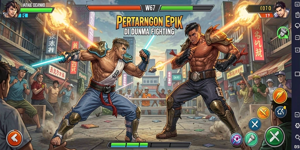Tampilan gameplay W67 dengan pertarungan yang intens dan karakter yang unik.