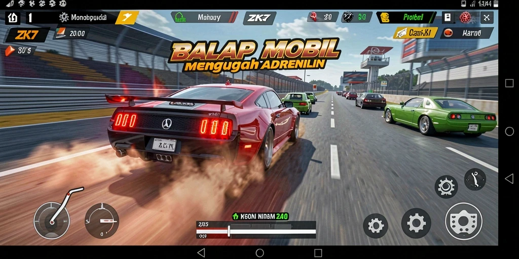 Gameplay ZK7 menampilkan balapan mobil yang seru dan mendebarkan.